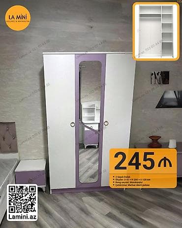 3 qapılı dolab - Material və dizayn: Ağırlıqla ağ rəng, bənövşəyi