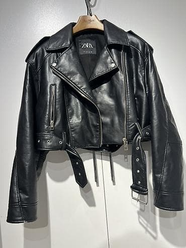 qara jaket: ZARA Vintage qara dəri görünümlü biker üslubunda qısa gödəkcə. 189 — 5