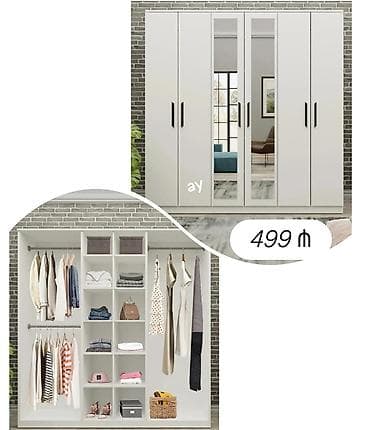 dolab gence: 6 qapı, Güzgülü, Ağ, Digər material, Açılan, Düz dolab — 1