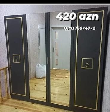 Yeni, 4 qapılı, Güzgülü, Boz, Digər material, Açılan, Düz dolab