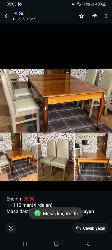 metbex stollari ve stullari: Endirim ❌❌ ✔️110 man(Xırdalan). Masa dəsti. 5 stul ilə.(6 ədəd var — 1