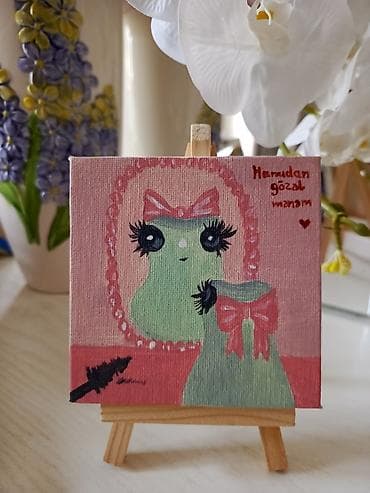 papaq şəkiləri: Mini kətan üzərində əl işi rəsmlər – dekorativ stolüstü tablo — 1