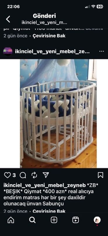 uşaq beşiyleri: Oğlan və qız üçün, Yeni, Yumru, Beşik, Dəst ilə, Matras ilə, Yellənmə mexanizm ilə — 1