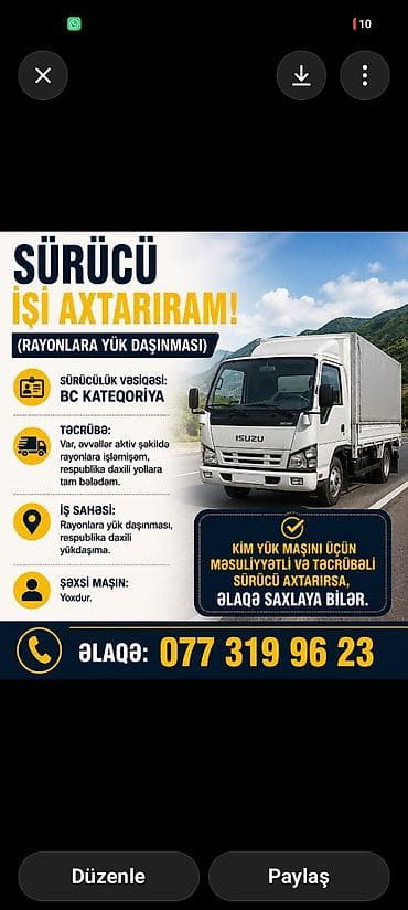 Sürücü isi axtarıram,tecrubem var rayonlara kimse sexsi avtomobili ile
