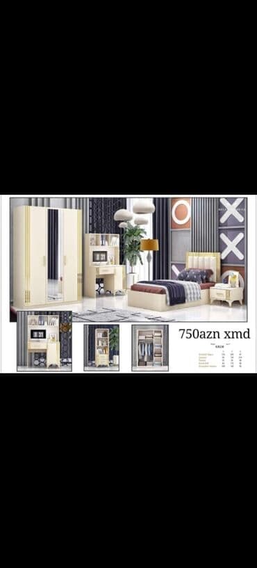 yazı masa: Ağ rəngli yataq dəsti, dörd qapılı dolab, yazı masası, çarpayı və tək — 3