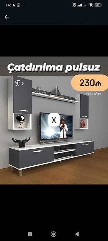 divar kitab refleri: Modern TV stendi və divar modulu dəsti - Rəng: tünd boz/ağ — 1