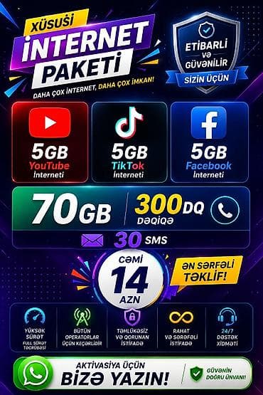 ucuz printer satilir: Xüsusi internet paketi - Cəmi 14 AZN - 70 GB ümumi internet - 5 GB — 1