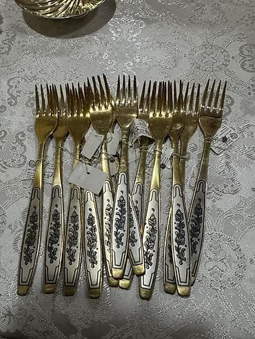 qaşığ: Zərif süfrə üçün metal (gümüş rəng və qızılı tonlarda) servis dəsti — 3