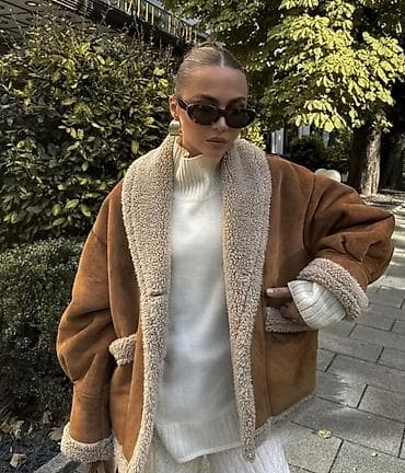 Qadınlar üçün yaxalıqlı süet kürk gödəkçə - Material: xaricdə yumşaq