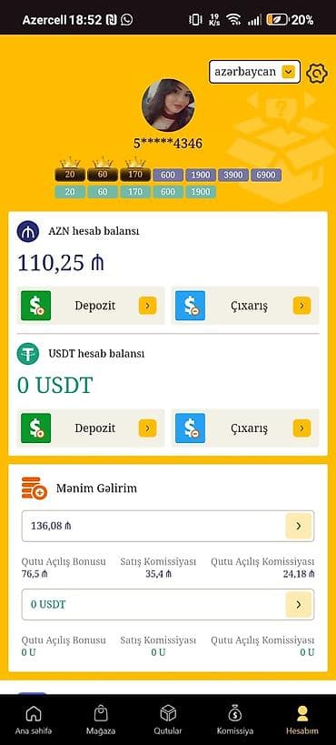 Rəqəmsal pul qazanma tətbiqi hesabının ekran görüntüsü - İnterfeys