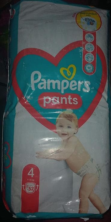 teker corabı: Pampers Pants uşaq bezləri – ölçü 4 (9–15 kq). - Paketdə 52 ədəd. - — 1