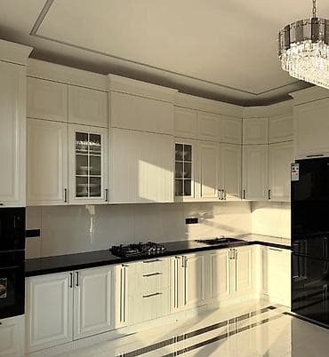 kuxna divanları: Klassik üslubda, ağ rəngli L formalı mətbəx mebel dəsti - Fasadlar — 3