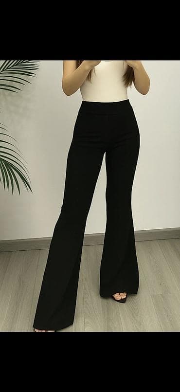 Qadın şalvarı – qara rəng, trikotaj/streç fakturalı, hündür bel