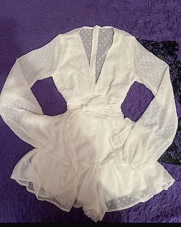 tulum paltarlar: Ağ rəngli qadın kombinezonu/playsuit - Parça: yüngül, şəffaf şifon — 1