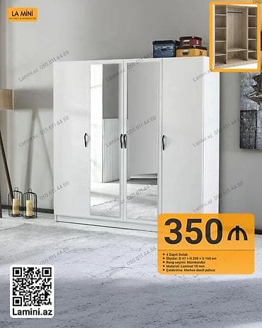 Ağ rəngdə 4 qapılı dolab - Ölçülər: Dərinlik 47 sm × Hündürlük 200 sm at lalafo.az Ağ rəngdə 4 qapılı dolab - Ölçülər: Dərinlik 47 sm × Hündürlük 200 sm
