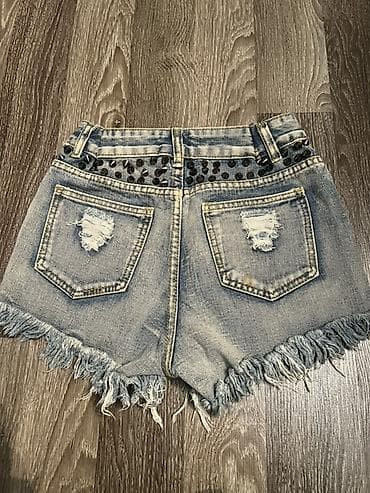 Qadın denim şort - Model: Yüksək belli, qısa kəsim - Material: Açıq — 2