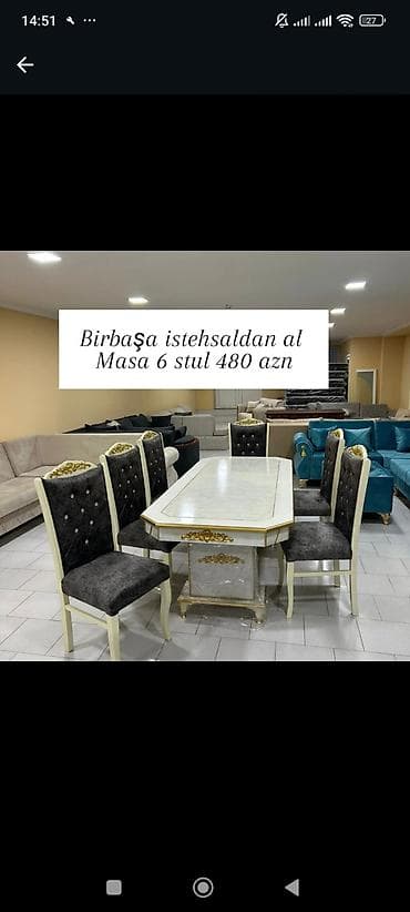 balkon stul: Masa + 6 stul dəsti Klassik üslubda yemək dəsti: mərmər naxışlı — 1