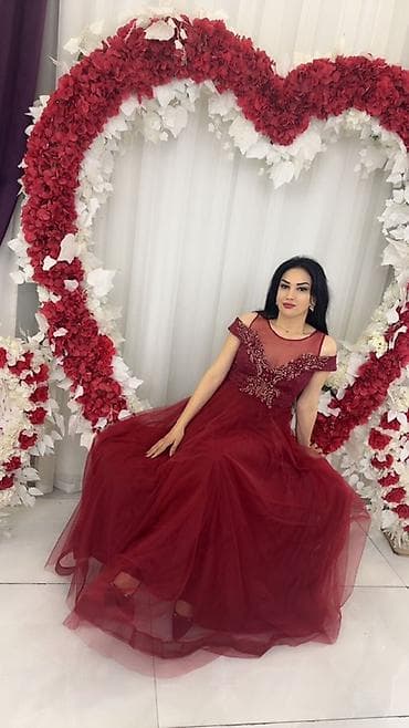 Bordo rəngli ziyafət/gecə geyimi - Model: A-kəsimli uzun paltar - — 1