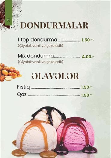 casio sumqayit: Dondurmalar – menyu Ləzzətlər: - Çiyələk - Vanil - Şokolad Seçimlər — 1