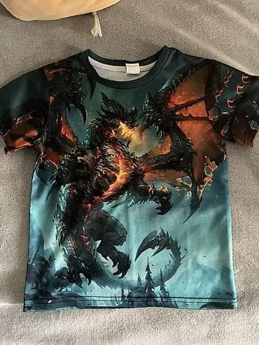 dragon şortik: Uşaq köynəyi – tam print “alovlu əjdaha” dizaynı - Ölçü: 120 — 2