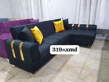 salon divani: - L‑şəkilli divan dəsti - Rəng: tünd qara, parlaq qızılı dekorativ — 1