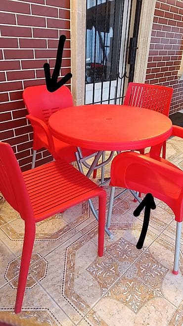 masa ve oturacaqlar: Qırmızı rəngli açıq hava masa-stul dəsti - Dəst: 1 ədəd dairevi stol — 1
