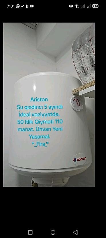 Ariston Su qızdırıcı 5 ayındı İdeal vəziyyətdə. 50 ltlik Qiyməti 110