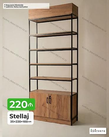 Mebel: Stellaj – 35×220×100 sm - Material: metal karkas + taxta rəflər və — 1