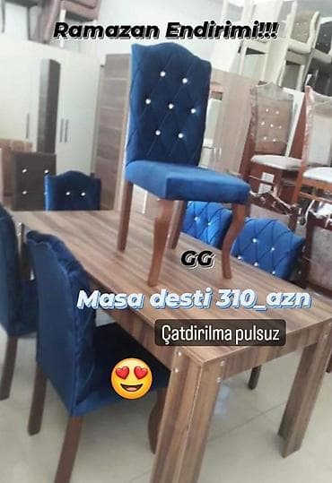 stol stul metbex ucun: Qonaq otağı üçün, Yeni, Dördbucaq masa, 6 stul — 1