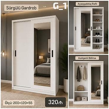 Sürgülü gardırob – model G_1 - Ölçü: 200 × 120 × 55 sm - Rəng: ağ -
