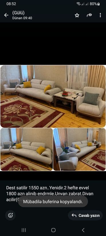 divan dəsdi: Di̇van-kravat, 2 kreslo, Bazalı, Açılan — 1