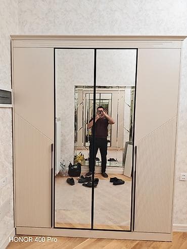 paltar şkaflari: 3 qapılı, Güzgülü, Bej, Digər material, Açılan, Düz dolab — 7