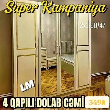 karaca sumqayıt: 4 qapılı şkaf – klassik dizayn, krem rəng. Orta hissədə 2 böyük — 1