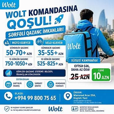 Moto-kuryer tələb olunur, Həftəlik ödəniş, Təcrübəsiz