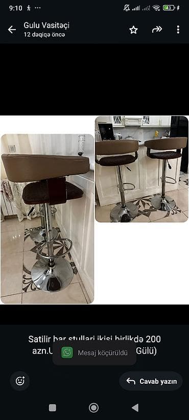 gence ev esyalari: Satilir bar stullari ikisi birlikdə 200 azn.Unvan kohne gunesli (Gülü) — 1