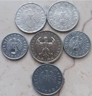 cin pulu: Третий Рейх Свастика. 1 Рейх Марка (никель)-15₼ 50 и 10 Рейх Пфенниг — 2