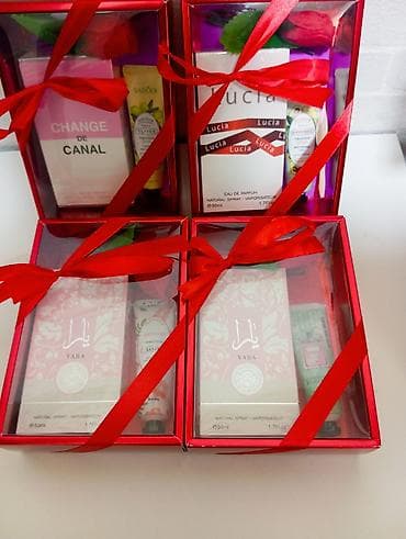 Hədiyyəlik ətir və əl kremi dəstləri - Qırmızı hədiyyə qutusunda