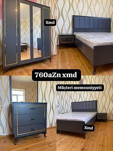 Yataq otağı mebel dəsti - Rəng: Tünd boz (qızılı dekor xətləri ilə) -