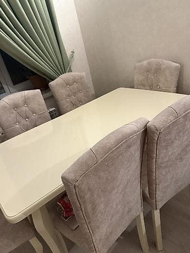 balkon stul: Yemək otağı dəsti – 1 masa + 6 stul - Masa: krem rəngli, düzbucaqlı — 2
