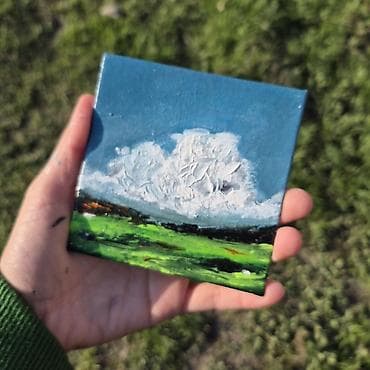 dekor divar sekilleri: Mini akril boya tablo – “Buludlu çəmənlik” motivi - Texnika: akril — 2