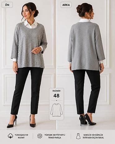 Boz rəngli triko kofta - Ölçü: 48 - Model: Ön hissəsi xırda metal