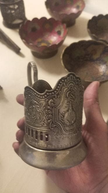 perde aksesuarlari: Sovet dövrünə aid metal melxior stəkanaltı (podstakannik). - — 2
