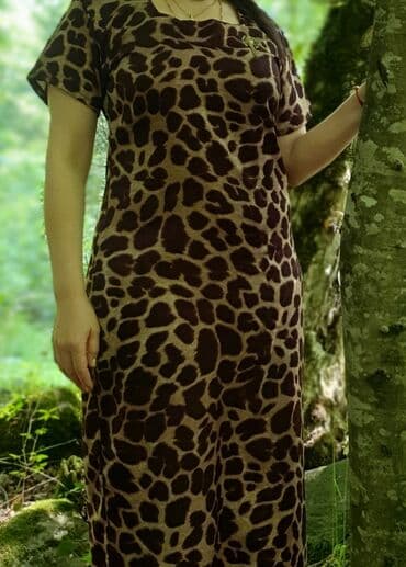 детские платья с длинным рукавом: Dəri rəngində, qəhvəyi abstrakt naxışlı, qısaqol don. Düz kəsimi rahat — 2