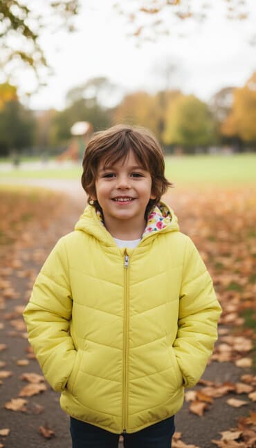 uşaqlar ucun yaz ayaqqabıları: Uşaq üçün parlaq sarı rəngli kapüşonlu qalın gödəkçə. Xüsusiyyətlər — 1