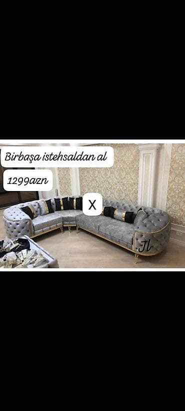 L-şəkilli dəbli künc divan - Rəng: boz (qızılı detallar) - Parça