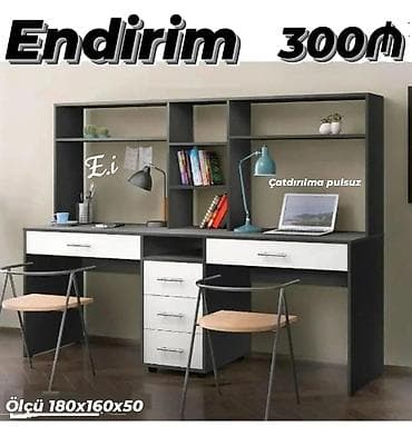 İki nəfərlik iş masası və kitab rəfi sistemi - Ölçü: 180 x 160 x 50
