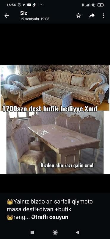 Klassik üslubda qonaq otağı dəsti Tərkib: - Künc divan: yumşaq parça