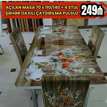 ders masaları: Mətbəx üçün, Yeni, Açılan, Dördbucaq masa, 4 stul — 13