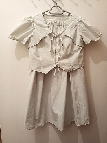 desd paltarlar: Açıq krem rəngli iki hissəli dəst – qısa köynək və midi ətək — 1