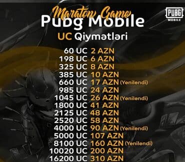 PS2 & PS1 (Sony PlayStation 2 & 1): PUBG Mobile UC satışı – Maraton Game UC qiymətləri: - 60 UC – 2 AZN - — 1